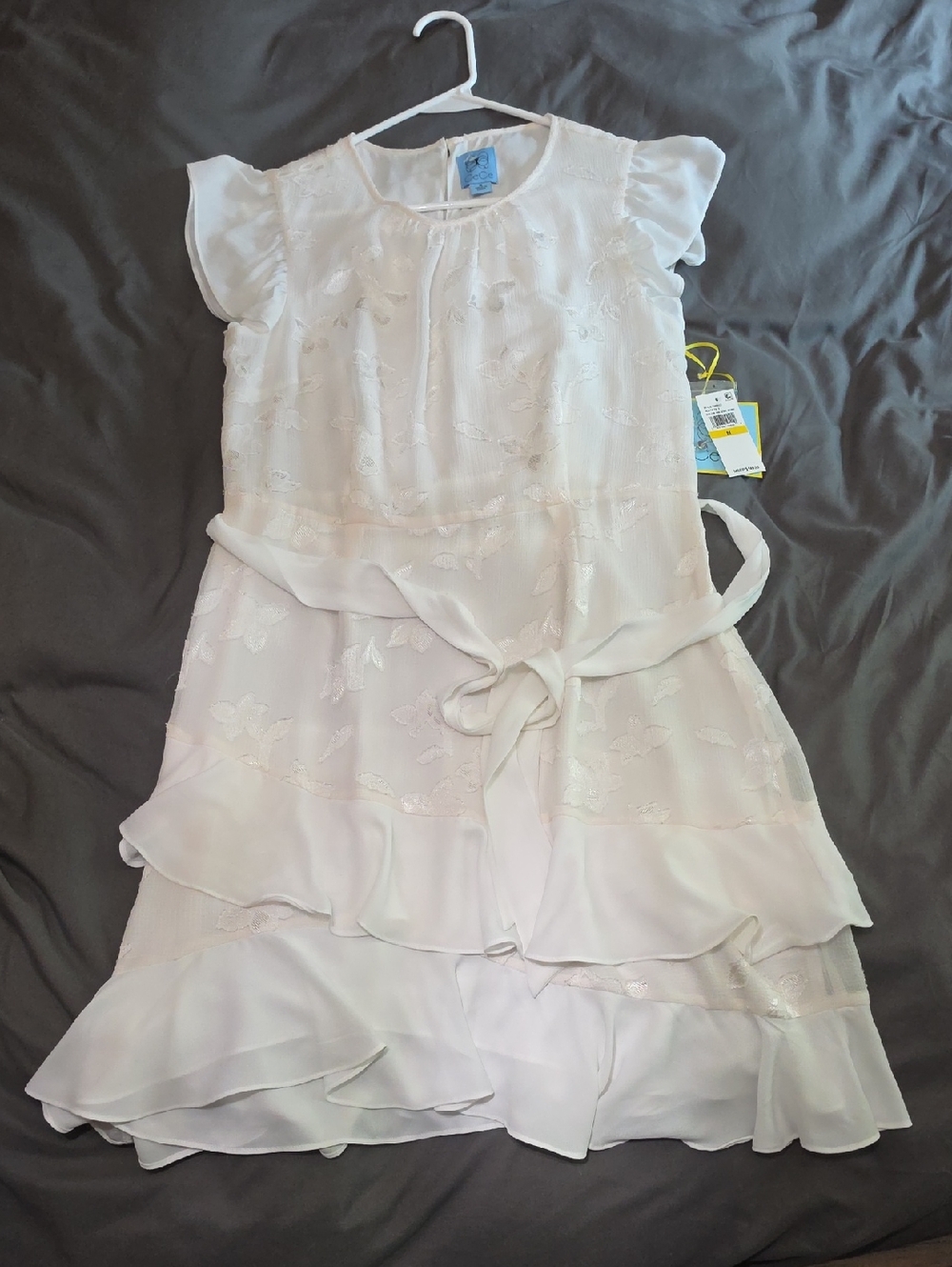 CeCe White Ruffle Floral Belted Girls Dress